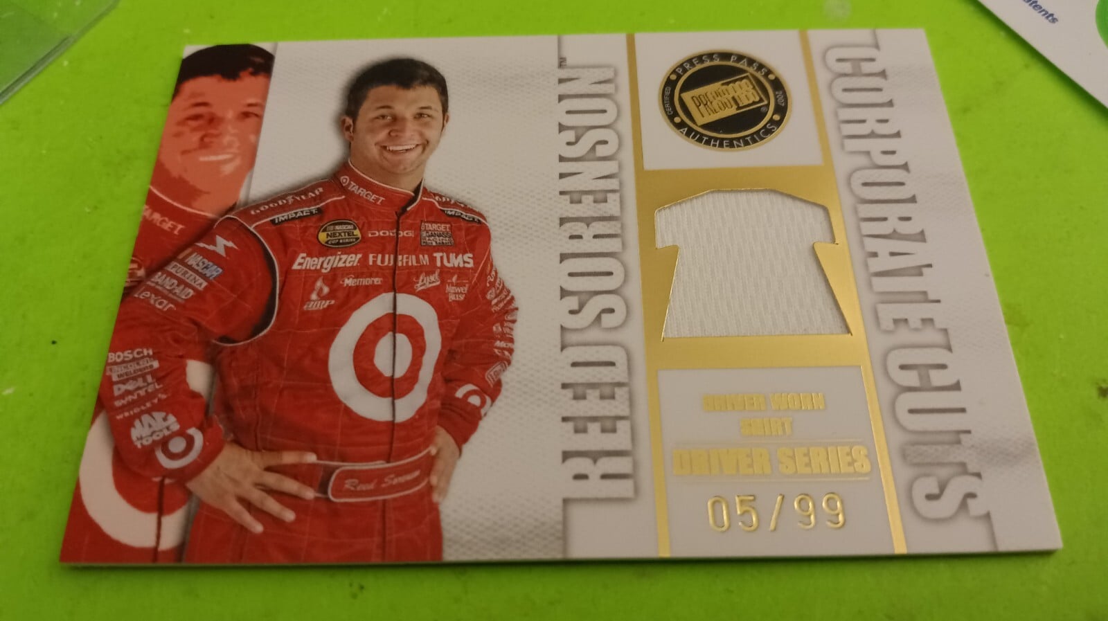 2007 Reed Sorenson Press Pass Corporate Cuts Driver-Worn Shirt Card (5/99) MINT